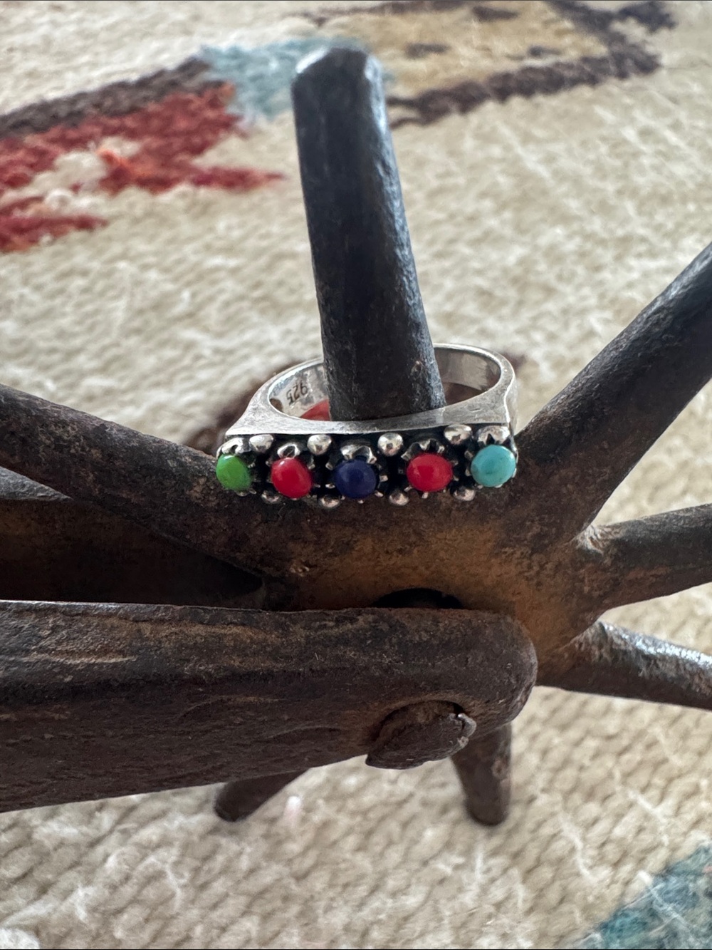 Sterling Multi-Stone Row Ring in Green, Red, Blue & Turquoise